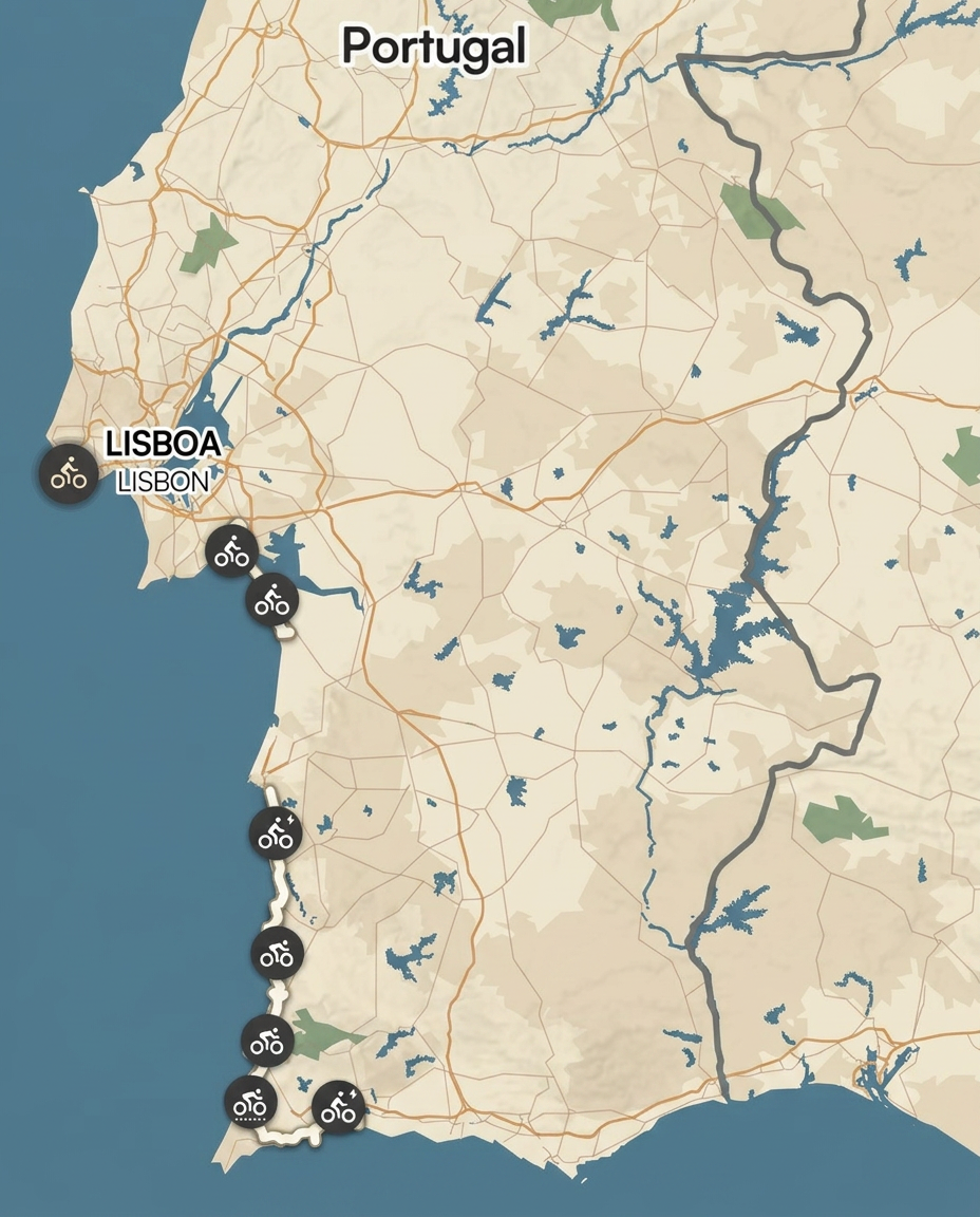 Map of the cycling route from Lisbon south along Portugal's Atlantic coast to the Algarve